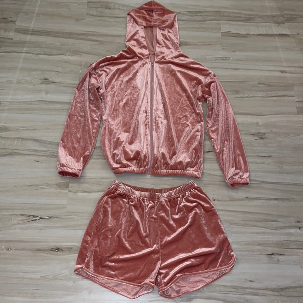 Pink velvet track suit (zip up and shorts)